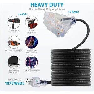 100 FT 14/3 Outdoor Extension Cord - SJEOW Rubber, Triple Outlet,13 Amp